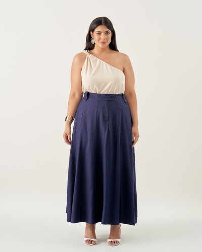 Foto saia midi escarlate quebela