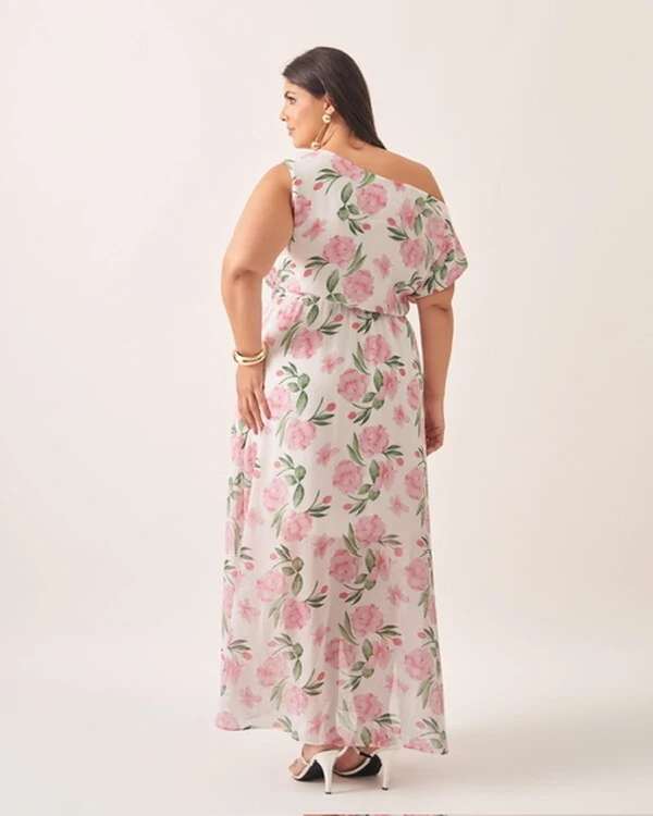 Vestido longo crepe ggt floral assimetrico kayla