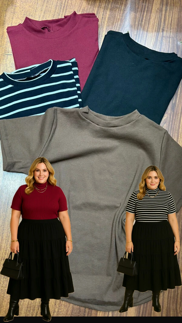 blusa malha canelada ribana meia gola manga curta