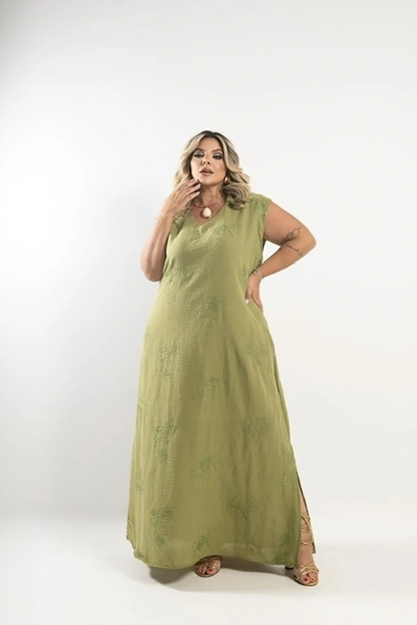 pre venda vestido longo linho bordado alvorada milan