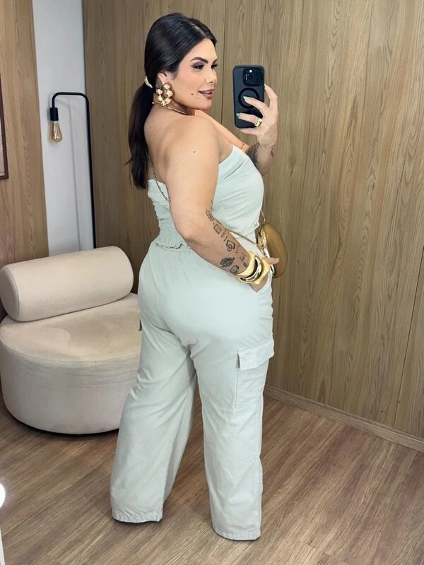 top tomara que caia jeans brunf