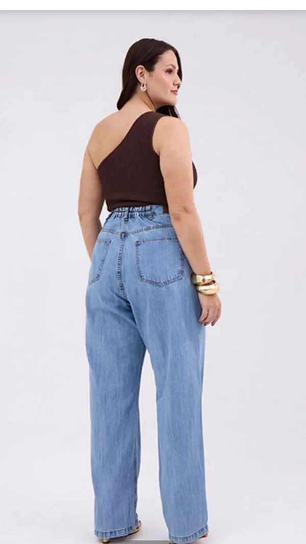 calca reta jeans feminina plus azul claro izzat