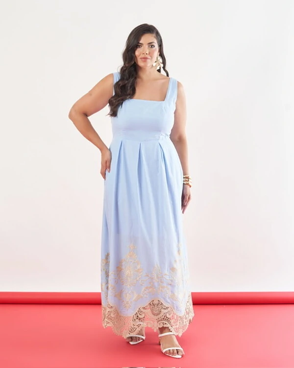 Vestido midi dec quadrado barrado renda Queeny kayla