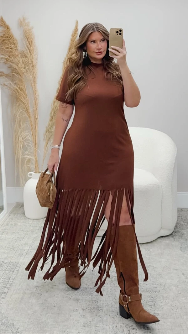 Pre venda vestido suede franja duas
