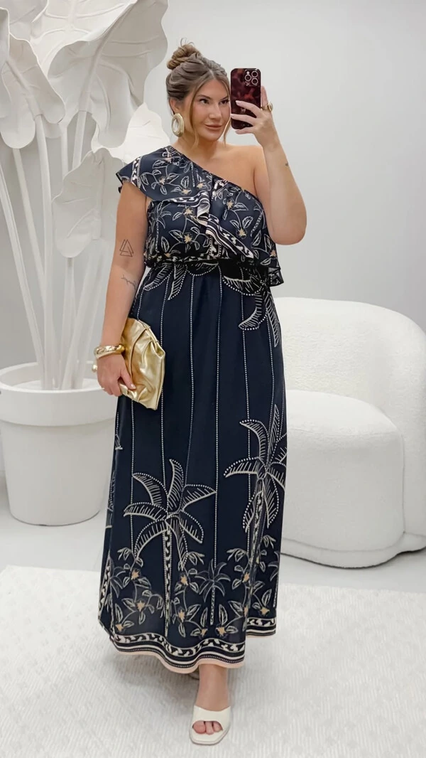 vestido longo um ombro dayane viscolinho estampado lore