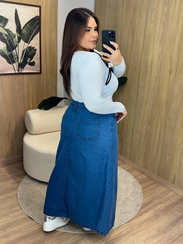 saia evase jeans midi fenda
