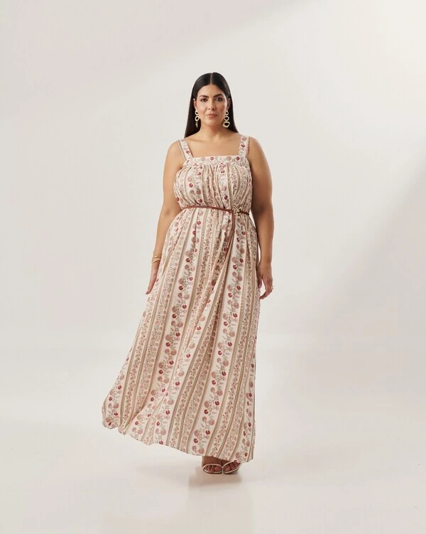 vestido longo regata estampa vertical forrado quebela
