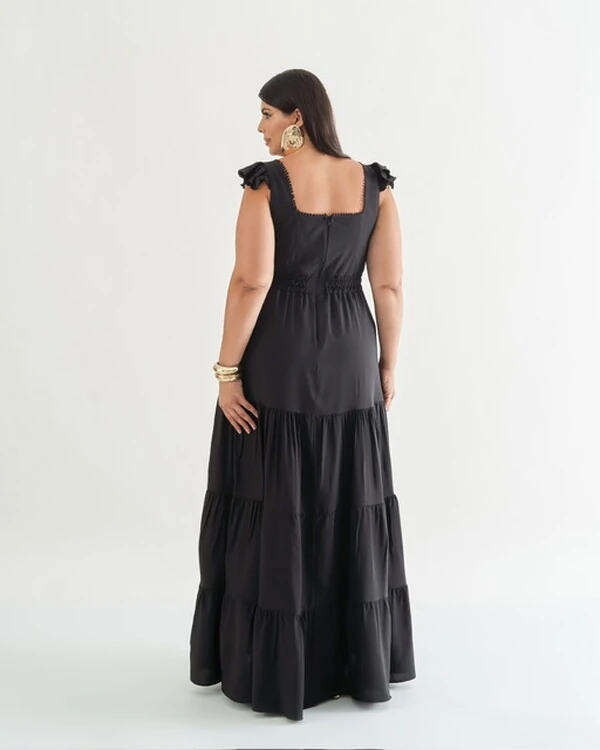 vestido longo com manga babado e cut out abaixo do busto quebela