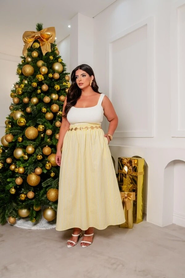 saia midi tricoline com elastano listrada planet