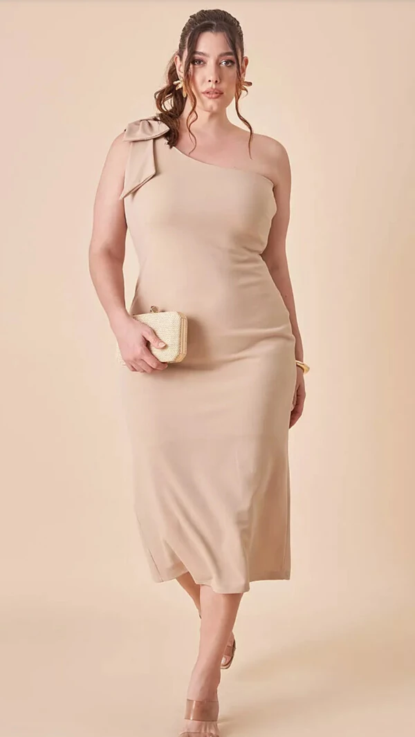 vestido um ombro lace midi nara alfaiataria scuba crepe com elastano upper