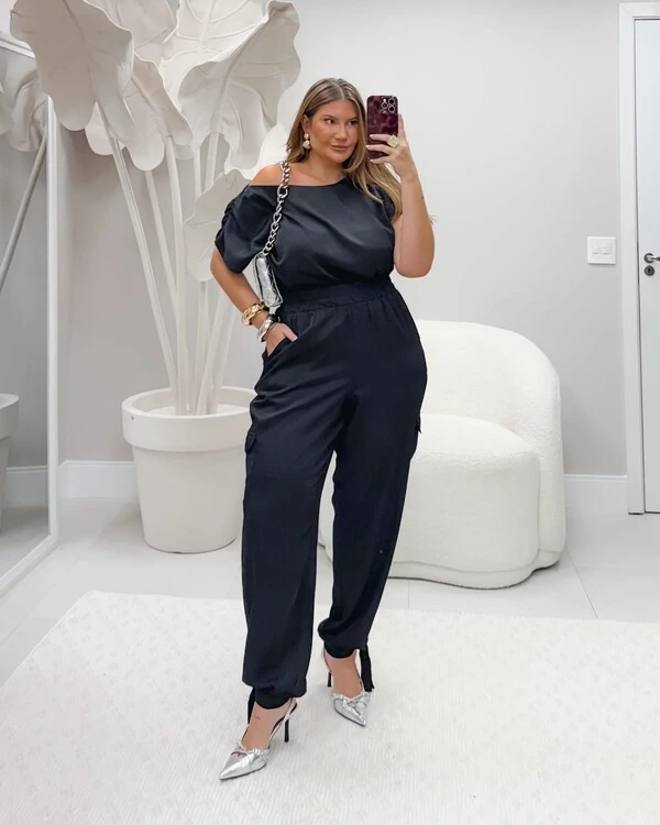 pre venda conjunto em alfaiataria toscana calca aladin e blusa ombro caido bellah