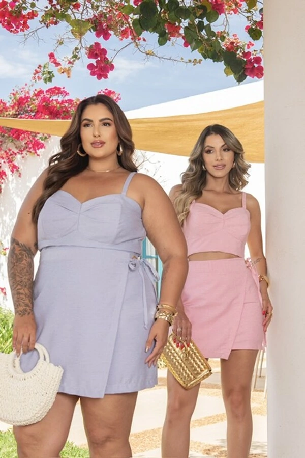 pre venda conjunto cropped decote coracao e saia transpassada divas