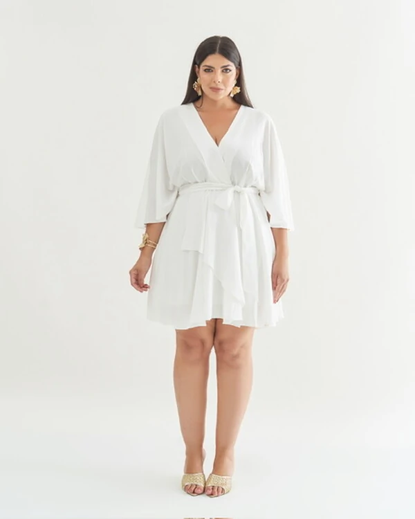 vestido fluido decote transpassado com faixa luxury quebela