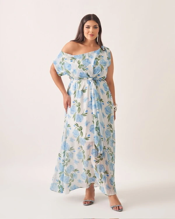 Vestido longo crepe ggt floral assimetrico kayla