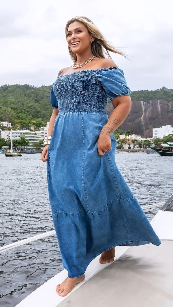 Pre venda vestido longo elastex denim 100% algodao mr fr