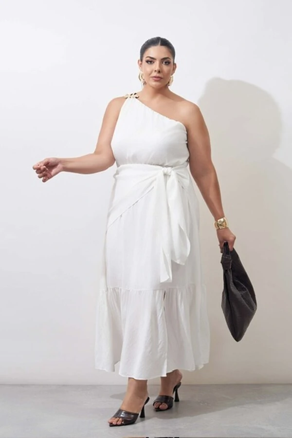 vestido um ombro midi com fivela organica kayla