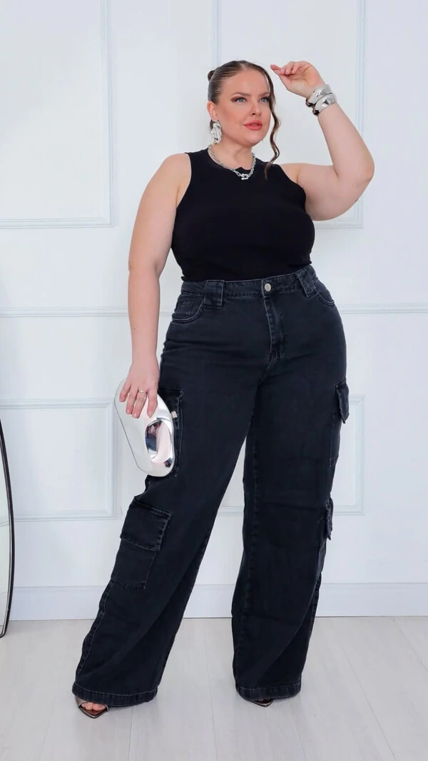 Calca jeans double cargo black