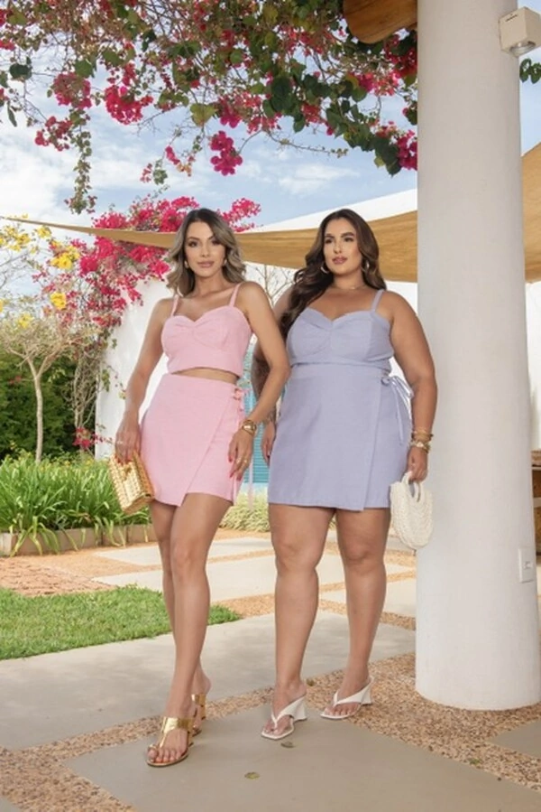 pre venda conjunto cropped decote coracao e saia transpassada divas