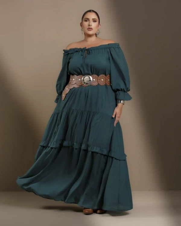 vestido longo crepe ggt com babados divas