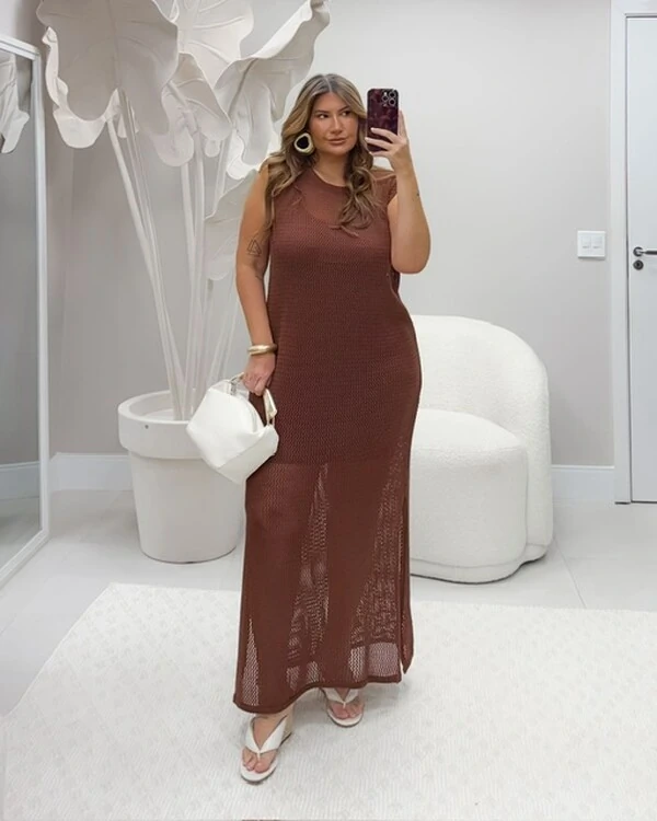 Vestido marrom tricot modal com forro em malha planet0