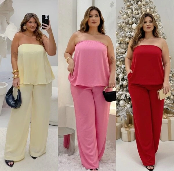 conjunto calca e blusa tomara que caia em crepe chiffon hotpink