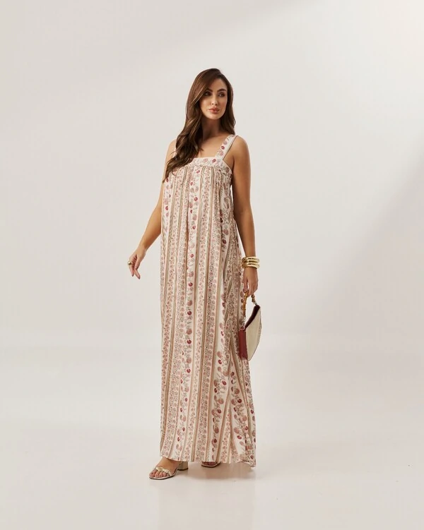 vestido longo regata estampa vertical forrado quebela