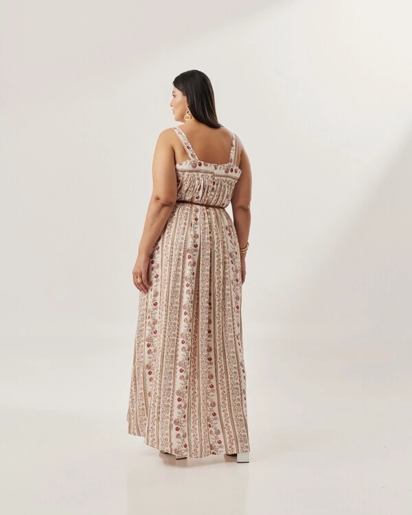 vestido longo regata estampa vertical forrado quebela