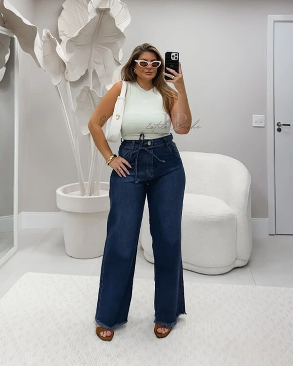 Calca wideleg cordao jeans escuro V