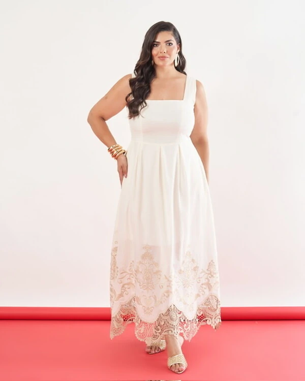 Vestido midi dec quadrado barrado renda Queeny kayla