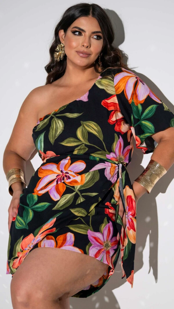 pre venda vestido estampado com elastano tropical um ombro e amarracao milanjus