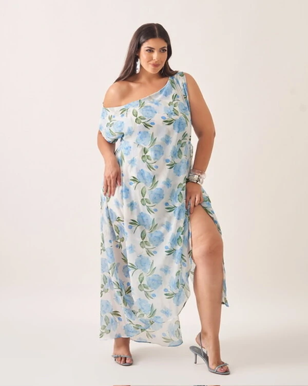 Vestido longo crepe ggt floral assimetrico kayla