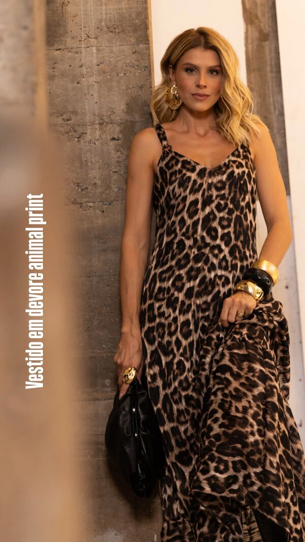 pre venda vestido longo animal print tellos