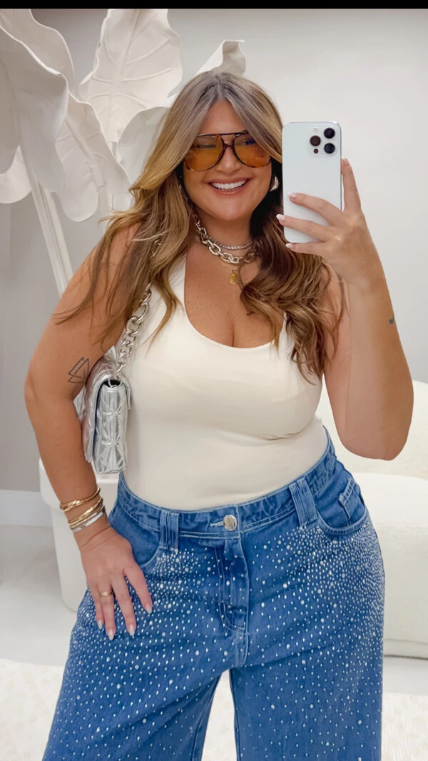 Calca jeans widleg strass fofinha provador