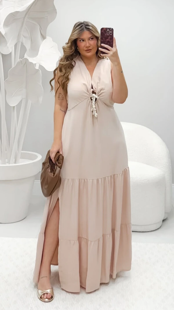 Vestido longo viscolinho com cordao nature lore