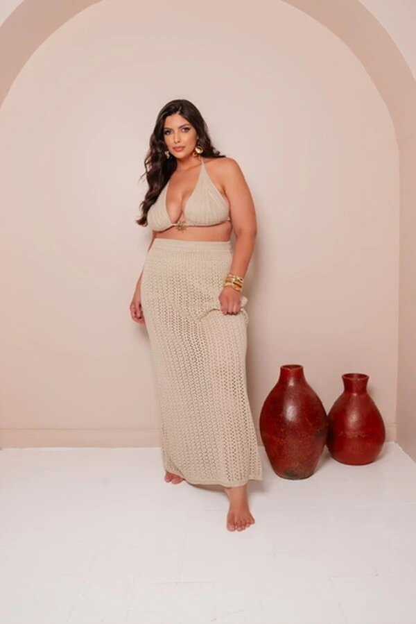 conjunto tricot sol saia longa e top planet