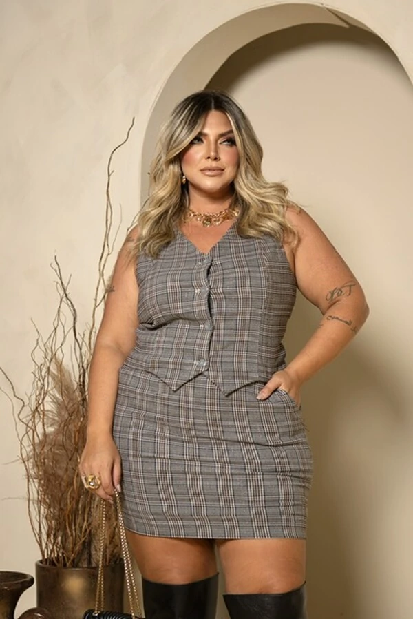 pre venda conjunto alfaiataria tweed xadrez colete e saia milan