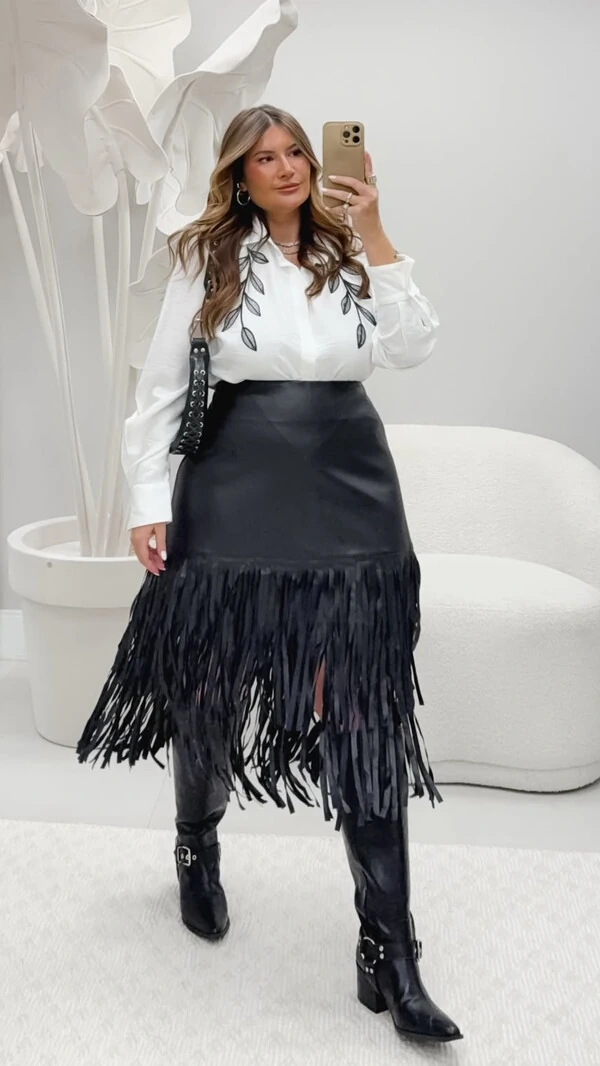 pre venda saia midi franjas dupla trama courino duas