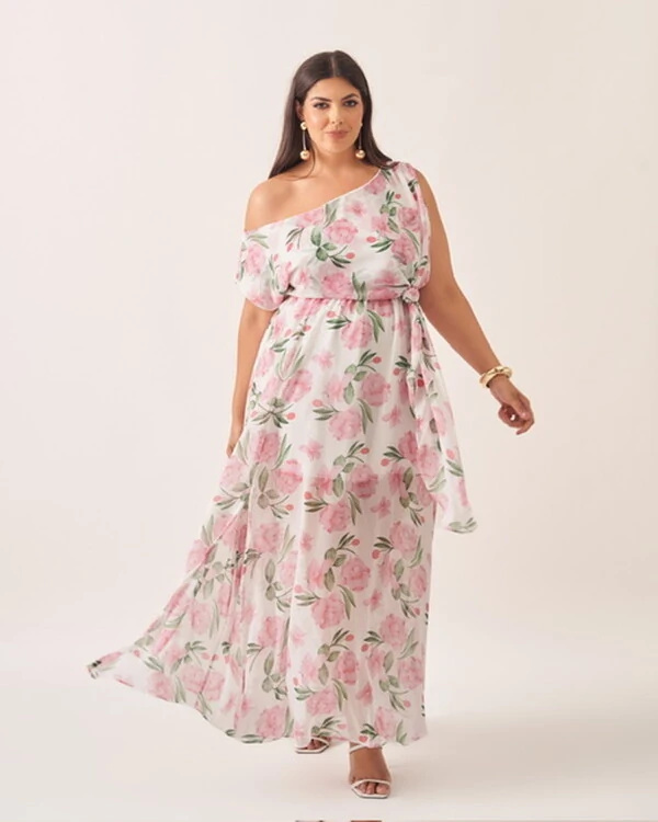 Vestido longo crepe ggt floral assimetrico kayla
