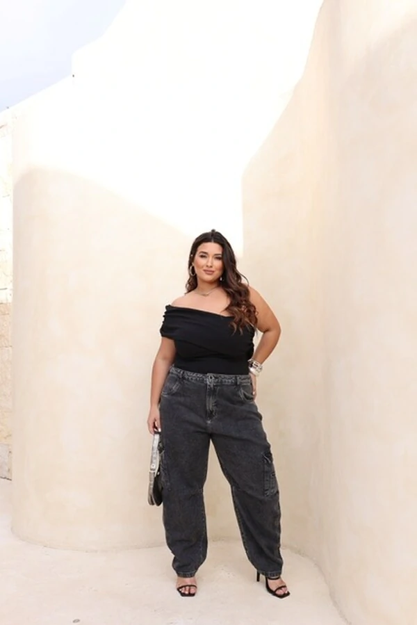 calca jeans barrel black extonada cargo style provador
