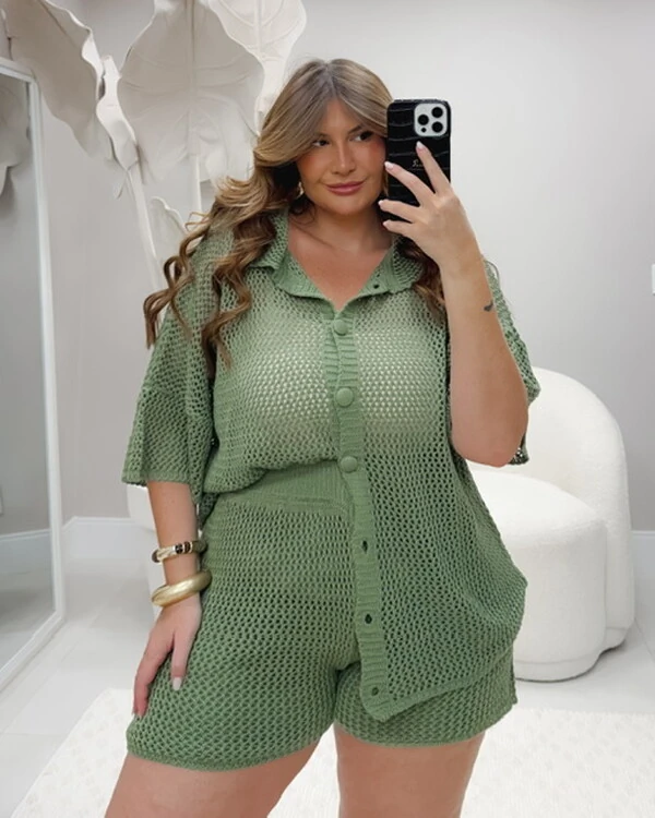 conjunto camisa com botao encapado e shorts liso tricot riviera planet