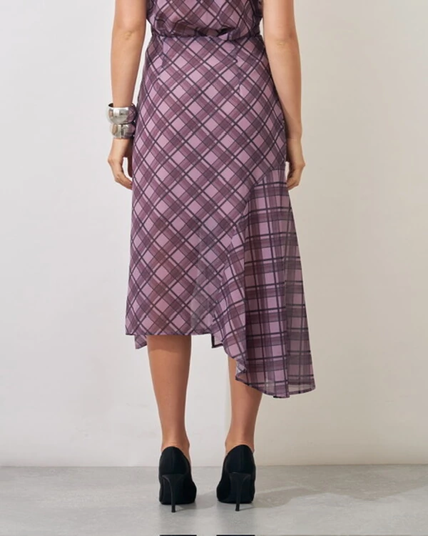 saia midi evase xadrez com renda chantily kayla