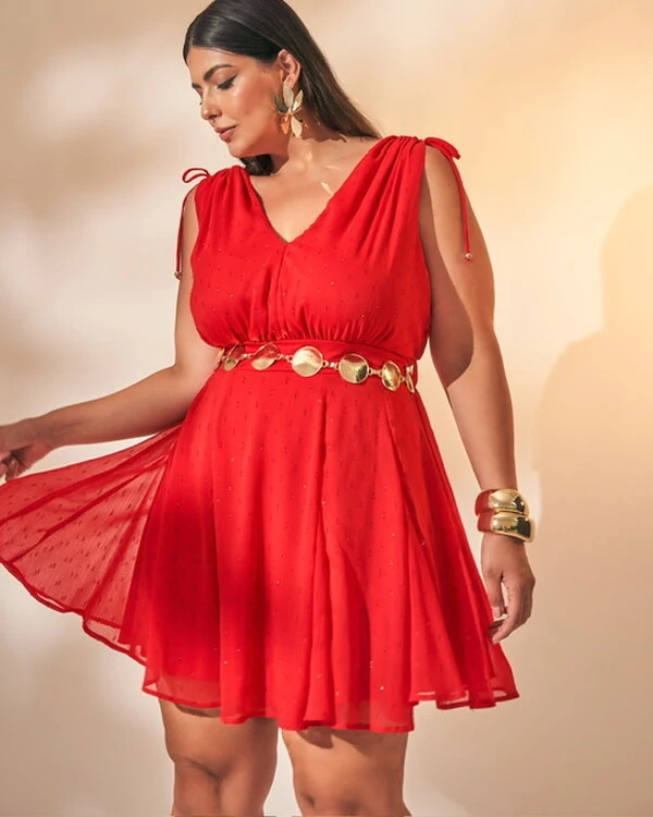 vestido decote v fluido plumetis quebela