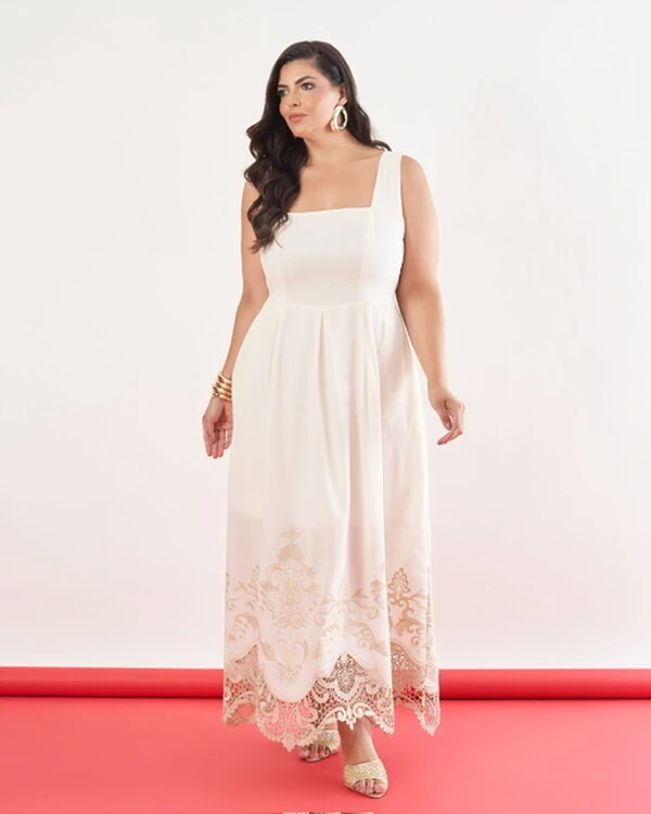 Vestido midi dec quadrado barrado renda Queeny kayla