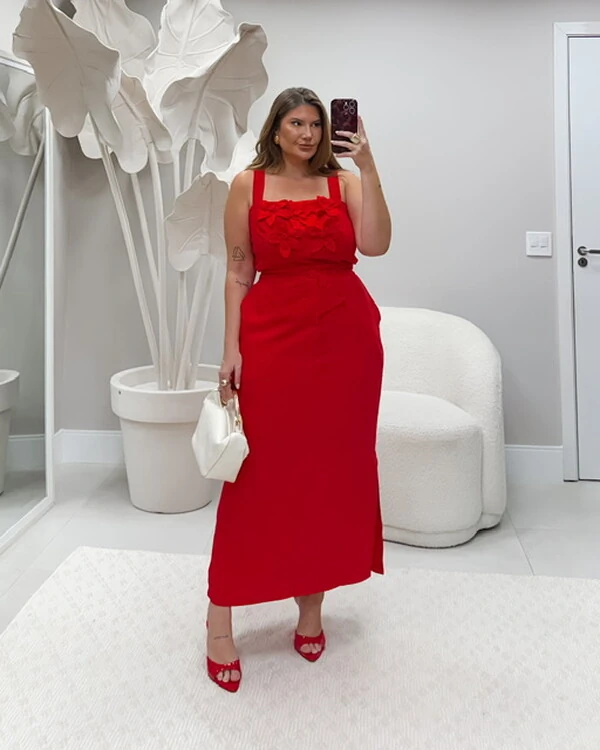 pre venda conjunto saia lapis midi e cropped flor origami bellah
