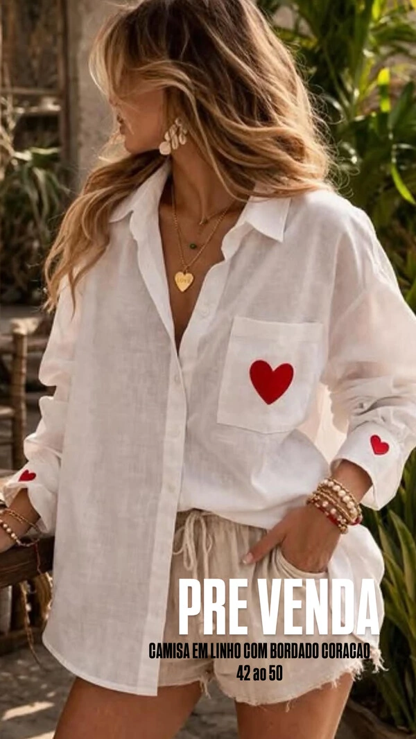 Pre venda camisa em linho com bordado coracao planet