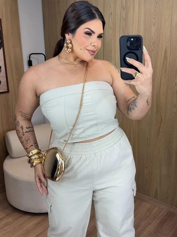 top tomara que caia jeans brunf