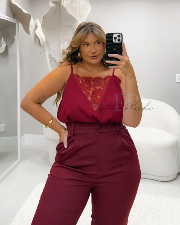 regata dupla em crepe com renda no decote hotpink