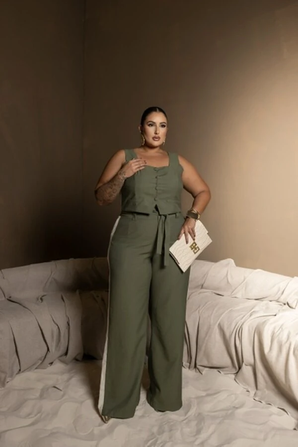 pre venda conjunto colete cropped e calca bicolor divas