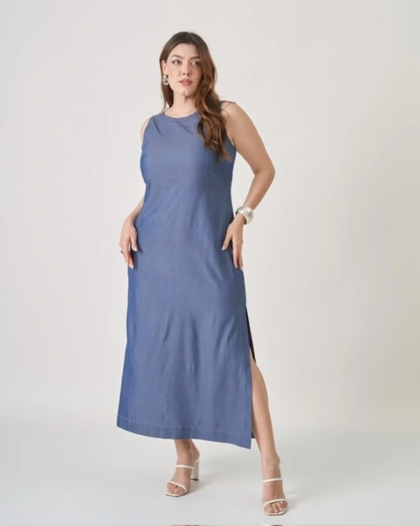 vestido jeans denim spander com ziper costas upper
