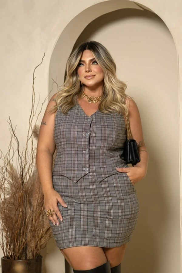 pre venda conjunto alfaiataria tweed xadrez colete e saia milan